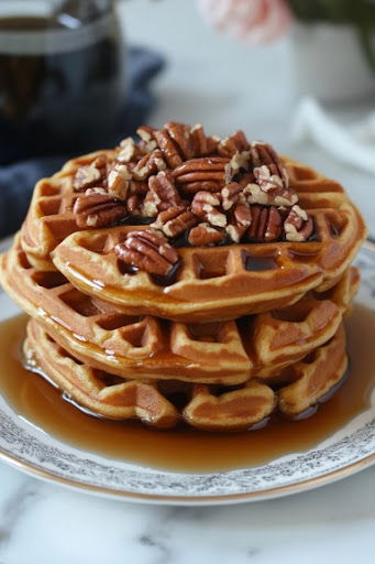 This image shows fragrant toasted pecans in a skillet, with maple syrup being added to warm through, creating a sweet, nutty topping.