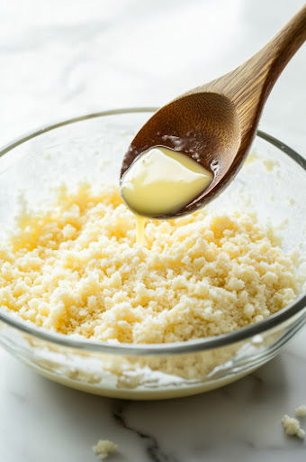 This image shows melted butter being poured into the bowl of dry ingredients. A spoon is stirring the mixture until small clumps form for the crumble topping.