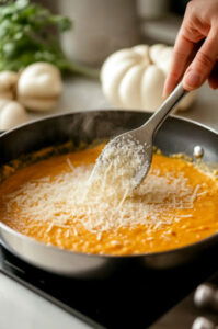 This image shows the cooked fettuccine being tossed in the creamy pumpkin Alfredo sauce, with a cup of reserved cooking water being added to adjust the consistency.