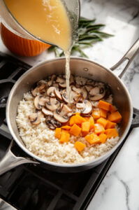 This image shows 1 cup of hot stock being poured into the rice, beginning the simmering process.