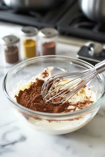 This image shows vanilla, cinnamon, chili powder, nutmeg, and cloves being added to the hot chocolate mixture in the saucepan.