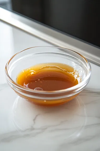 The black saucepan is removed from heat on the white marble cooktop. A glass measuring cup pours vanilla extract into the hot caramel sauce, while a wooden spoon stirs the mixture.