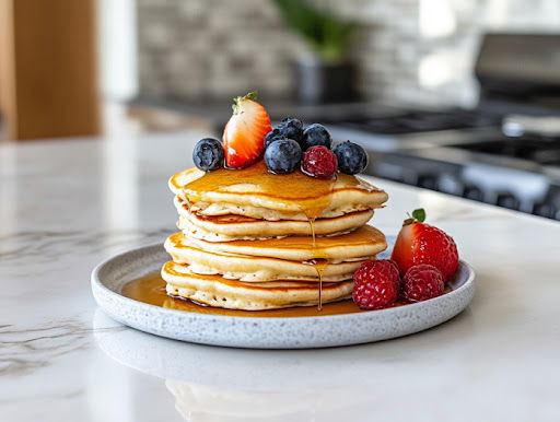 this image shows pancakes ready to be served with berries and syrup