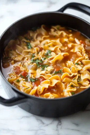 The pot is filled with chicken broth and broken lasagna noodles being stirred into the soup. The black pot rests on the white marble cooktop, with the noodles submerged in the broth as the mixture begins to boil.