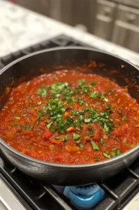 Tomato paste, marinara sauce, red pepper flakes, parsley, oregano, and basil are being stirred into the onion and garlic mixture in the black pot. The pot sits on the white marble cooktop, with the rich red sauce simmering.