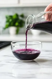 "⅛ cup of grape juice is being poured into the same glass cup over the lemonade, forming a dark purple layer on top of the lemonade on the white marble cooktop.