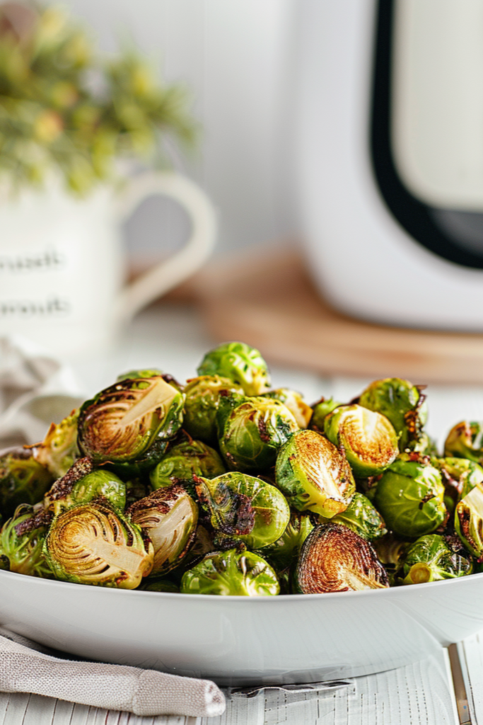 The image shows Air-Fryer-Brussels-Sprouts ready to serve