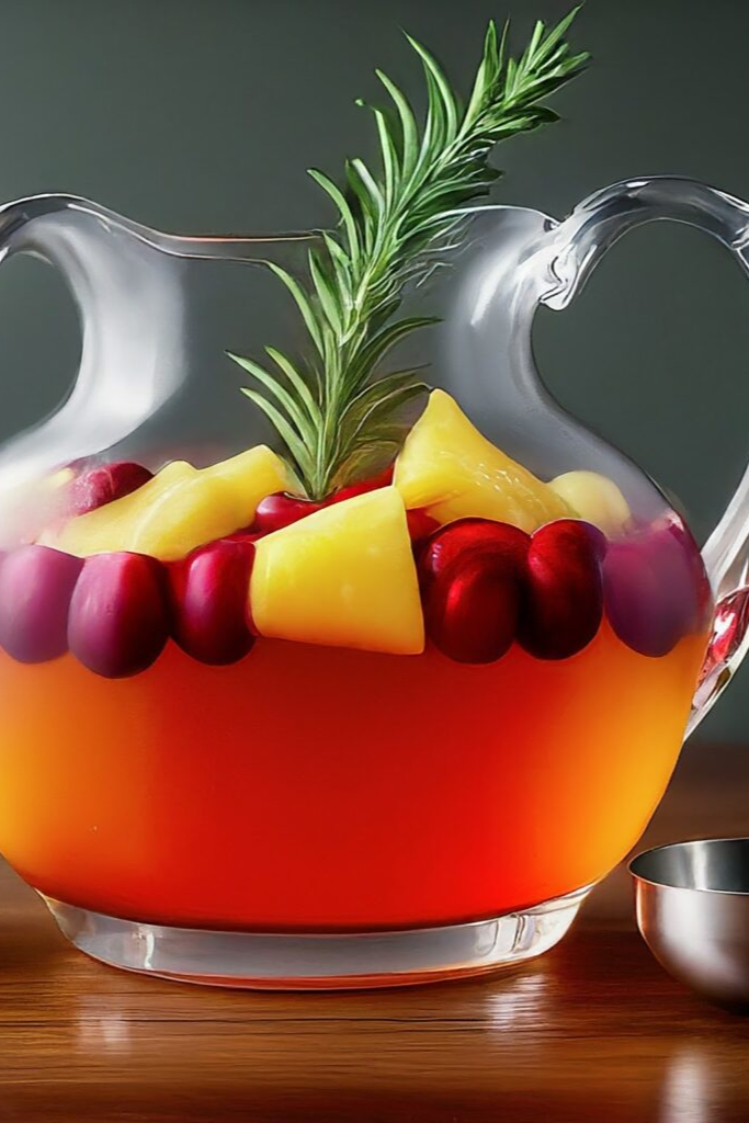 The image shows glass filled with cranberry pineapple punch ready to serve