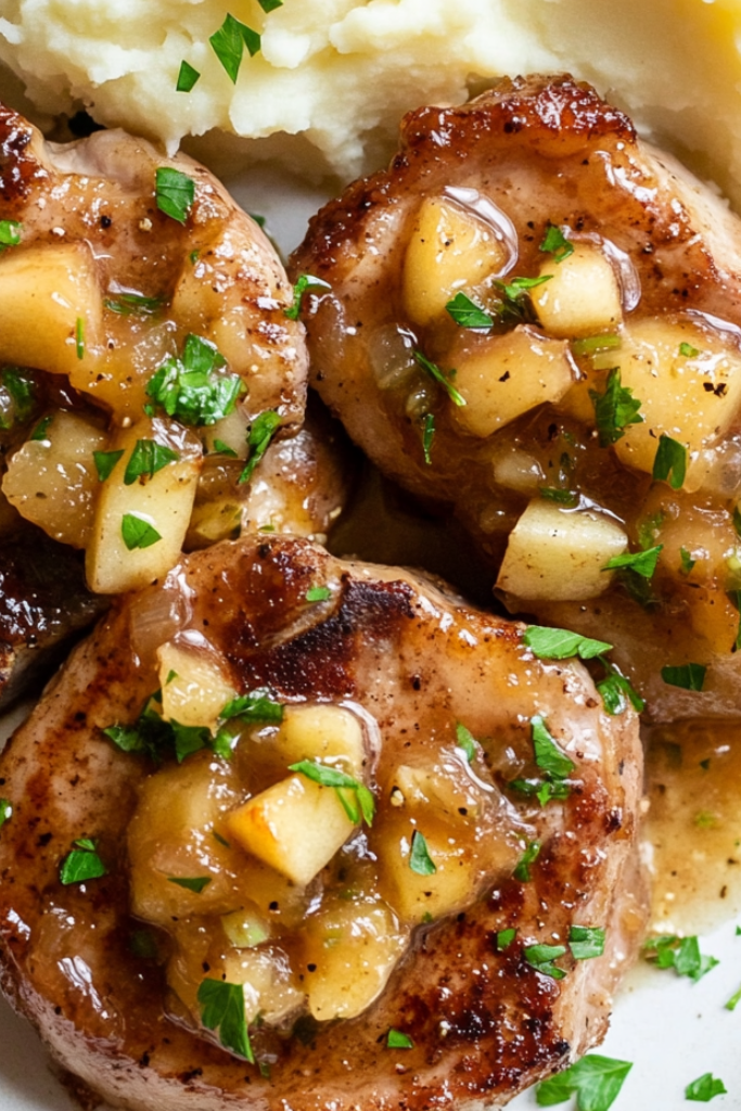 The image shows Apple-Chutney-Pork-Chops ready to serve