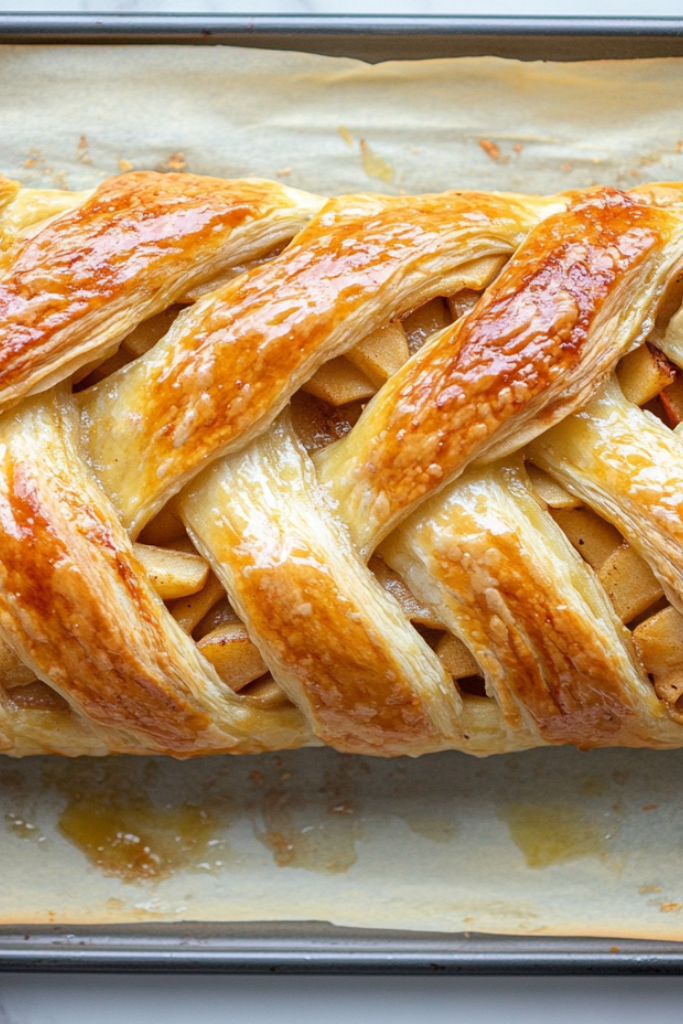 The image shows apple puff pastry braid ready to serve