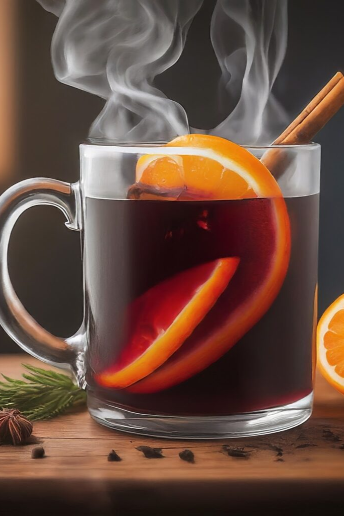 The image shows glass filled with mulled wine ready to serve