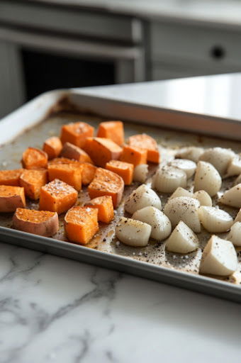 This image shows sweet potatoes and shallots neatly arranged on a prepared baking sheet, ready to be roasted in the oven