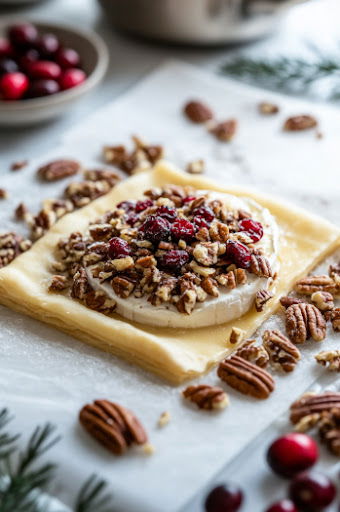 This image shows a wheel of brie placed in the center of the rolled-out pastry, topped with toasted pecans, brown sugar, and dried cranberries.