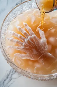 The frozen raspberry hand is placed palm side up in a large punch bowl on the white marble cooktop. Ginger ale and sparkling apple cider are being poured into the bowl, creating a fizzy punch around the spooky hand.