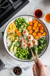 This image shows a bowl being layered with rice, chopped lettuce, steamed veggies, dumplings, sliced avocado, and drizzled with ginger soy sauce and chili oil.