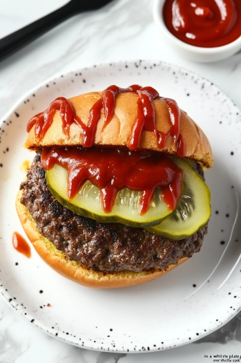 The bottom half of a hamburger bun on the white marble cooktop is spread with mayo sauce. Two leaves of romaine lettuce are placed on top, followed by a freshly cooked burger patty.