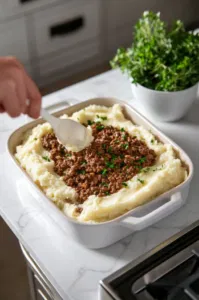 This image shows the meat filling being evenly spread into a baking dish, followed by a layer of mashed potatoes being smoothed over the top.