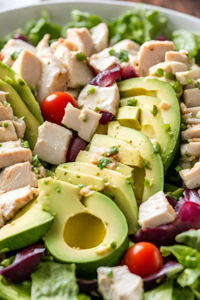 The image shows avocado chicken salad ready to serve