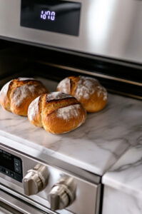 This image shows the dough in bread pans, baking in the oven at 400°F for 30 minutes.