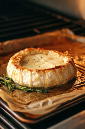 This image shows the pastry-wrapped brie baking on a parchment-lined cookie sheet.