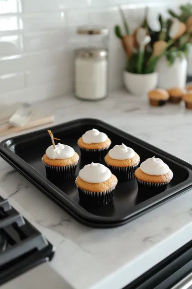 The black cupcake pan on the white marble cooktop is filled with freshly baked cupcakes. A toothpick is inserted into one of the cupcakes, coming out clean to show they’re perfectly baked.