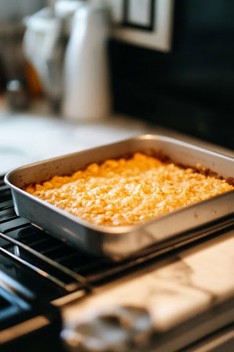 This image shows the granola mixture being placed in the oven, baking for about 35 minutes until the edges are golden brown and the center is firm to the touch.