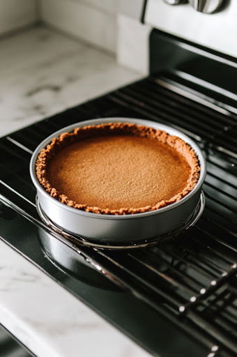 This image shows the crust being baked in the oven for 8 minutes, then removed and cooling at room temperature.