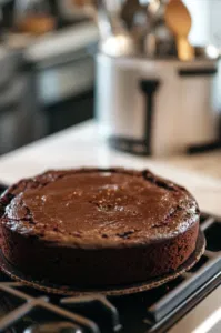 A chocolate cake is being prepared according to package directions and baked until a toothpick inserted comes out clean. The cake sits on the white marble cooktop, cooling before the next steps