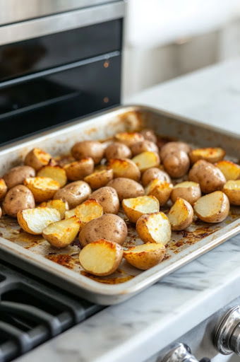 This image shows potatoes baking in the oven for 45 minutes until fork-tender.