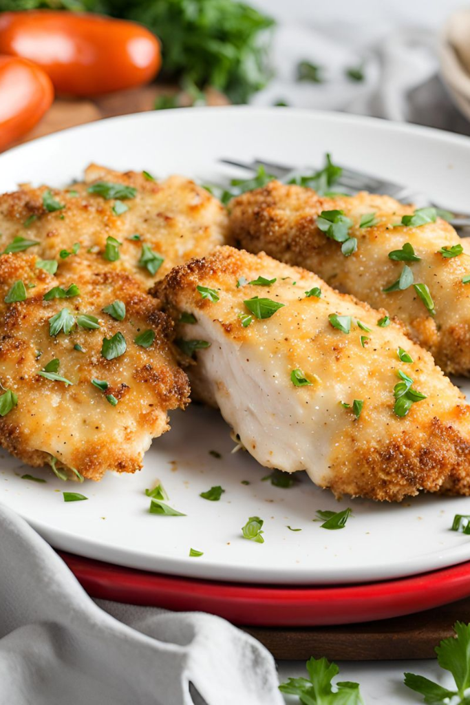 The image shows Baked-Parmesan-Crusted-Chicken ready to serve