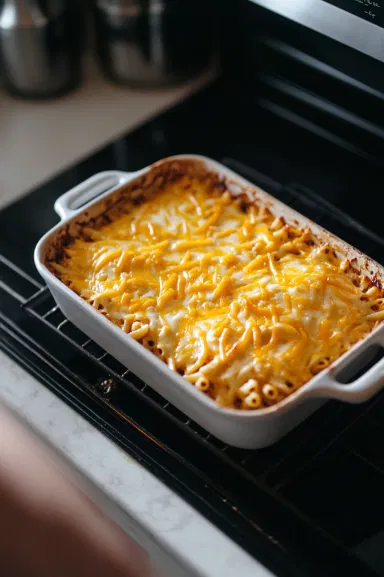 This image shows the pasta mixture being poured into an ovenproof dish, topped with grated cheddar cheese, ready to be baked in the oven.]