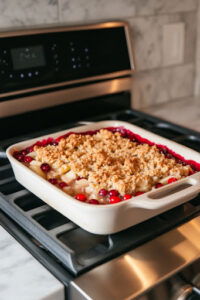 This image shows the fruit mixture topped with the crumble in a baking dish, going into the oven. The topping is starting to turn golden brown as the fruit bubbles underneath.