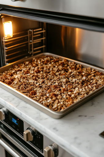 This image shows the granola spread out on a baking sheet, turning a light golden brown in the oven after baking for about 40 minutes.