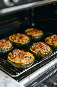 This image shows the stuffed acorn squash halves returning to the oven to bake for an additional 10-15 minutes until the tops are lightly browned and crispy.