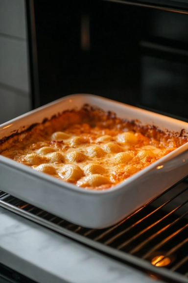 The baking dish sits in the oven, with the sauce bubbling at the edges and the stuffed shells setting after about 35-60 minutes. The dish is golden and ready to be served.