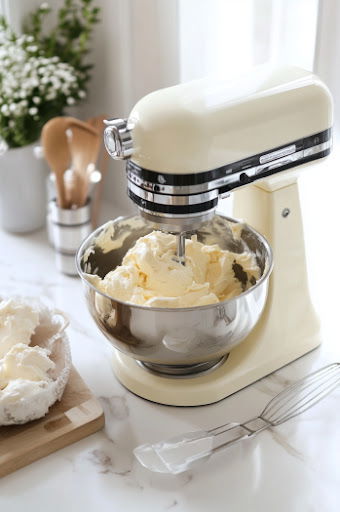 This image shows softened cream cheese and packed brown sugar being beaten on medium speed in a stand mixer until light and fluffy, with the bowl being scraped as needed.