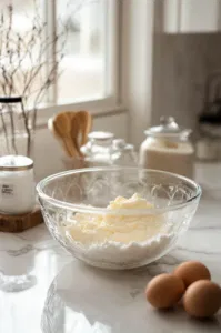 A glass mixing bowl on the white marble cooktop holds softened butter, confectioners' sugar, egg, almond extract, and vanilla extract being beaten together until smooth and creamy