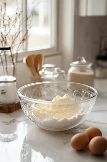 A glass mixing bowl on the white marble cooktop holds softened butter, confectioners' sugar, egg, almond extract, and vanilla extract being beaten together until smooth and creamy