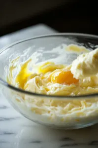 The large glass bowl on the white marble cooktop with the egg and vanilla extract being mixed into the creamed butter and sugar until well combined.