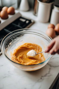 This image shows whole eggs being beaten in a separate bowl until they become frothy and airy.