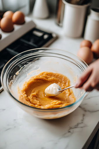 This image shows whole eggs being beaten in a separate bowl until they become frothy and airy.