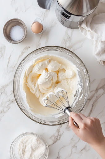 This image shows egg whites being whisked in a bowl, forming light, foamy bubbles as they start to take shape.