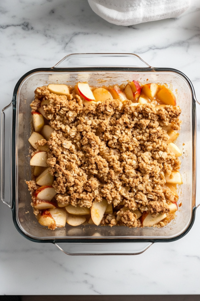 The image shows betty crockers apple crisp ready to serve