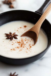 This image shows the hot chocolate simmering for about 5 minutes as the spices blend, with gentle stirring to ensure even mixing.