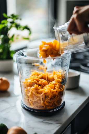 This image shows 2 cups of soft roasted squash flesh being measured and added to a blender, ready to be pureed for the sauce.