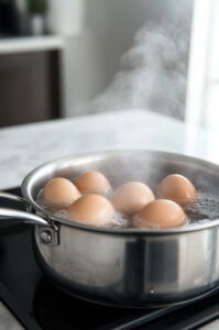 This image shows eggs boiling in a pot of water, preparing them for the salad.