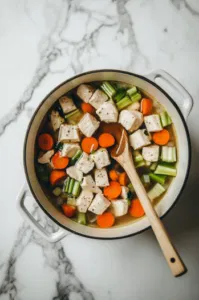 This image shows a pot of cubed chicken, sliced carrots, and celery boiling in water on the stovetop.