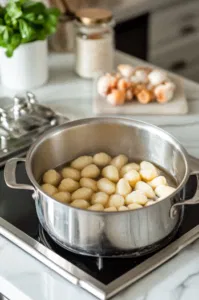 This image shows a pot of boiling water with gnocchi cooking, ready to be drained after following the package directions.