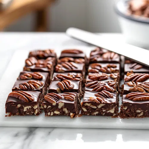 This image shows a close-up of bourbon pecan bars, featuring a golden graham cracker crust topped with rich caramel, chocolate chips, and pecans, perfectly cut into squares for serving.