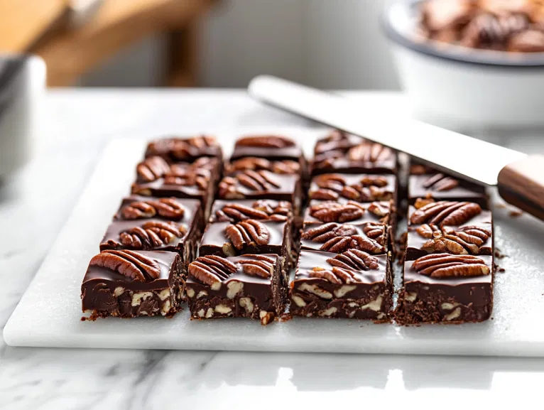 This image shows a close-up of bourbon pecan bars, featuring a golden graham cracker crust topped with rich caramel, chocolate chips, and pecans, perfectly cut into squares for serving.